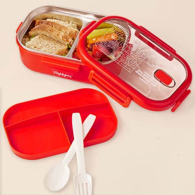 Red bento box with lid and 2 storage sections.