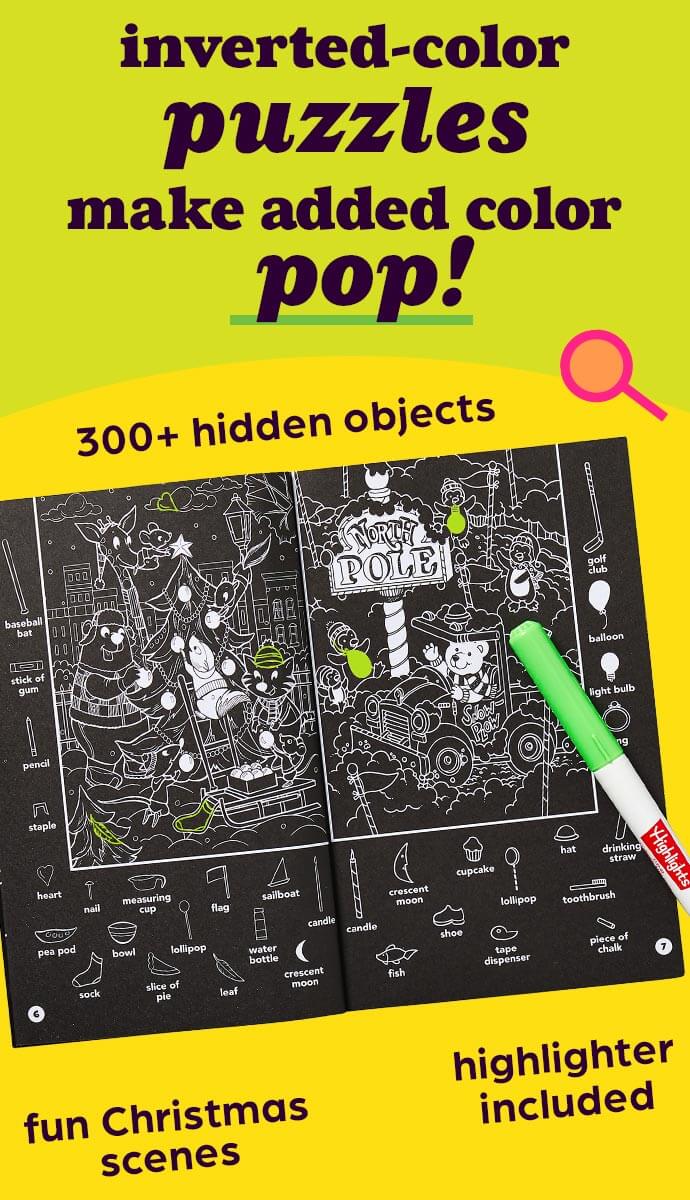 Puzzle page in Christmas Hidden Pictures Puzzles to Highlight book with included highlighter.