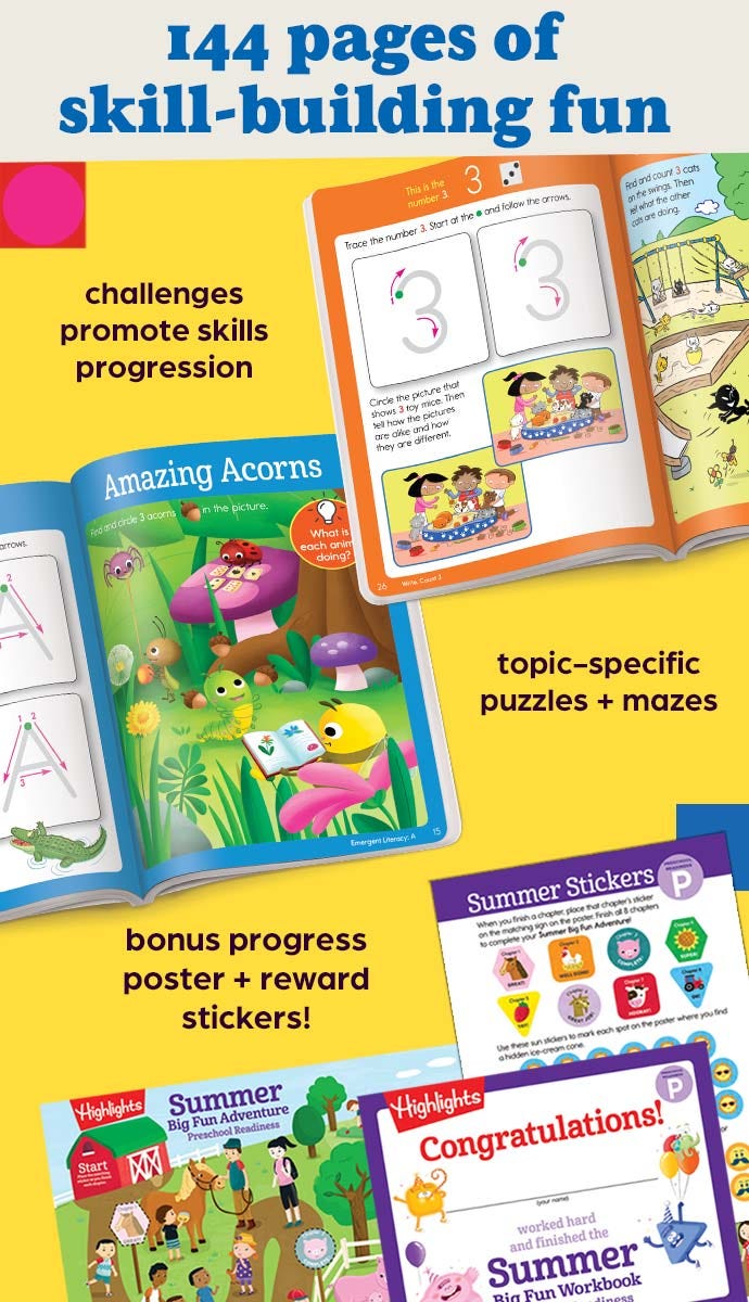 Activity pages, progress poster and certificate from the Summer Big Fun Workbook.