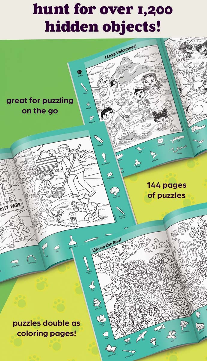 Three puzzle pages inside the Amazing Nature Puzzles Hidden Pictures book.