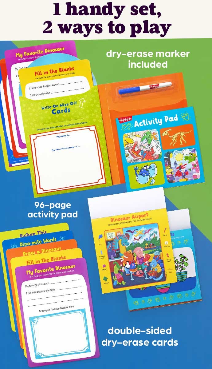 Puzzle pad and dry-erase activity cards included with the activity set.