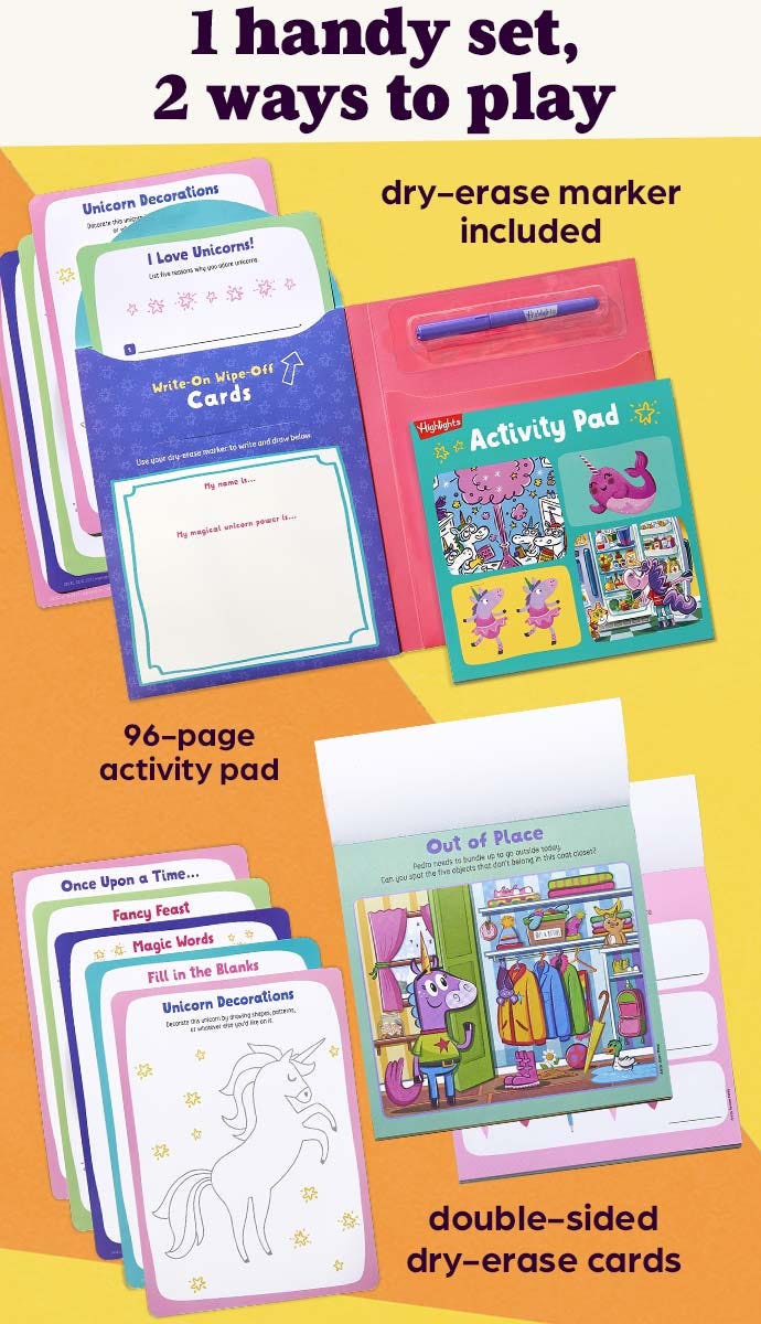 Puzzle pad and dry-erase activity cards included with the activity set.