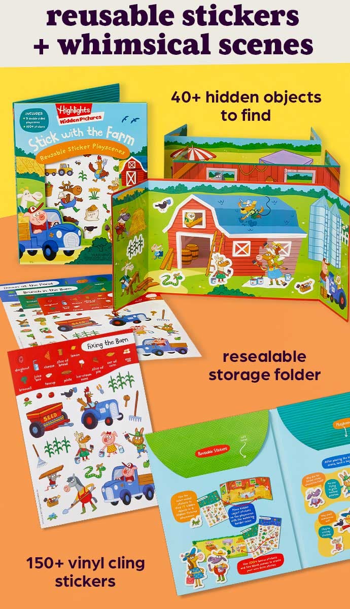 Storage folder, playscenes and sticker sheets included with Stick with the Farm Hidden Pictures Reusable Sticker Playscenes.