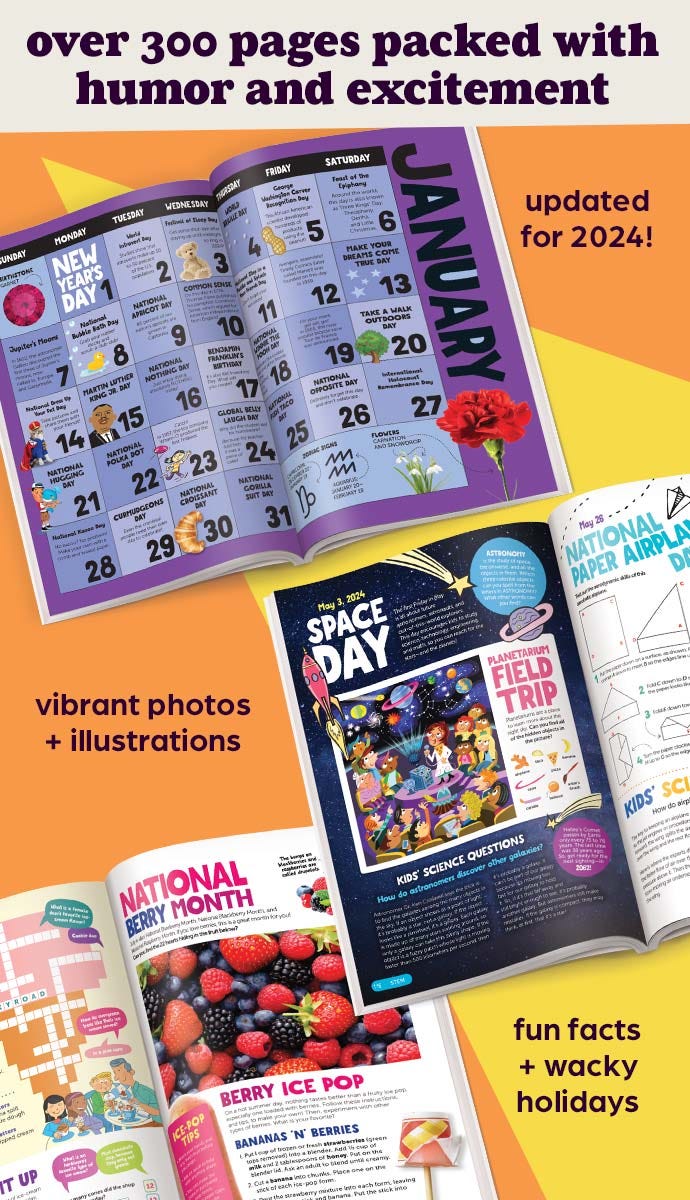 Pages inside the 2024 Almanac of Fun book including a calendar for January and activities for Space Day and National Berry Month.