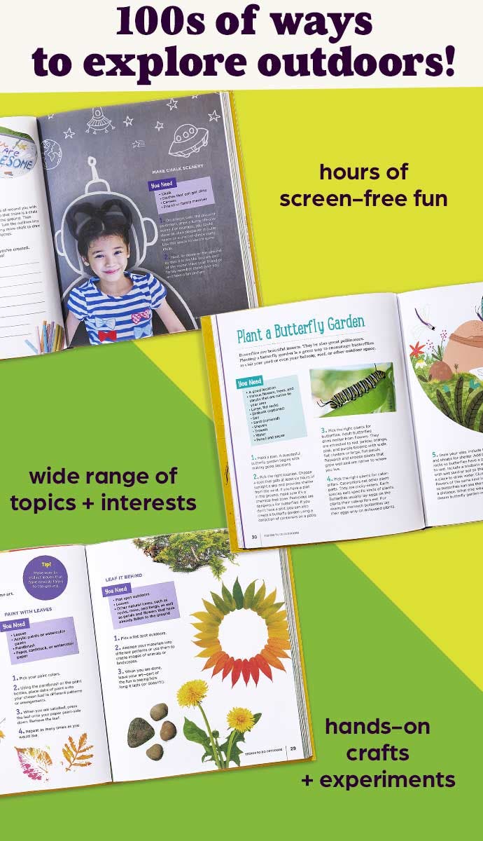 Three pages of outdoor activities inside the Highlights Book of Things to Do Outdoors.