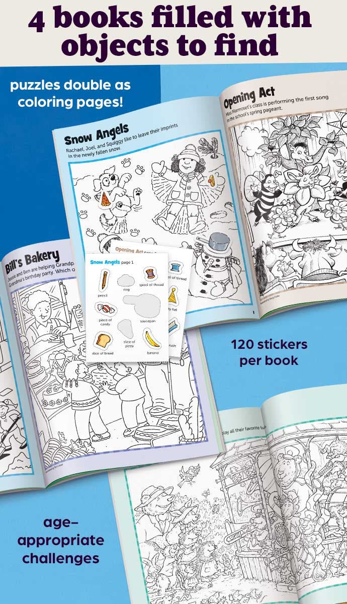 Three puzzle pages and a sticker sheet from the Sticker Fun Volume 1 set.