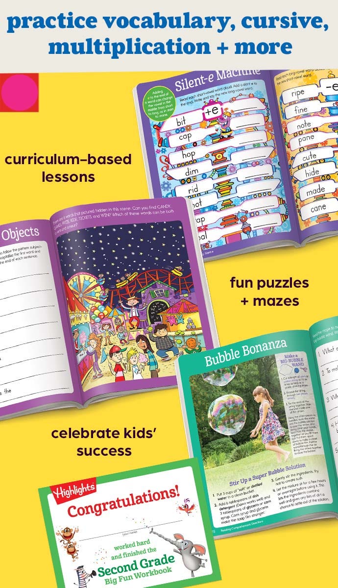 Activity pages inside the Second Grade Big Fun Workbook and the included completion certificate.