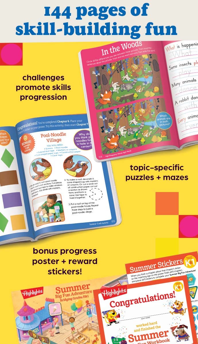 Activity pages, progress poster and certificate from the Summer Big Fun Workbook.