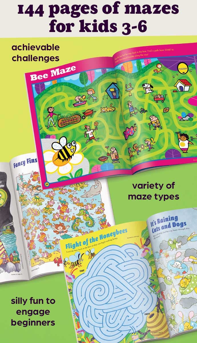 Three puzzle pages inside the Amazing Mazes Beginner book set.