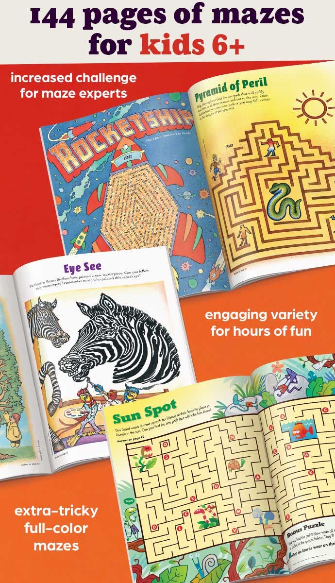 Three puzzle pages inside the Amazing Mazes Expert book set.