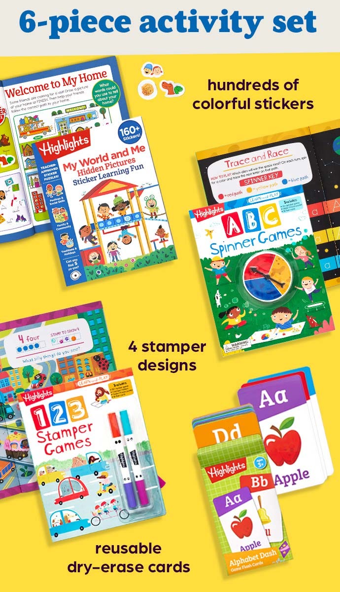 Three activity books and flash card set included with the Learning Fun Pack.