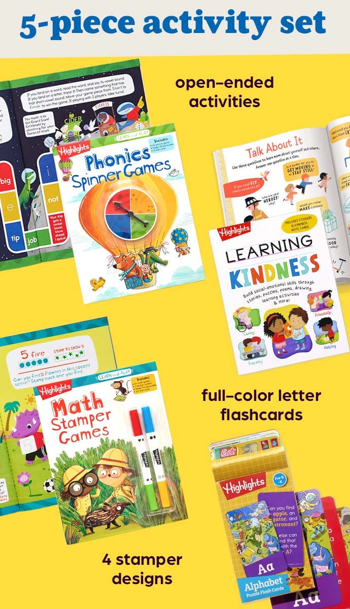 Three activity books and flash card set included with the Learning Fun Pack.