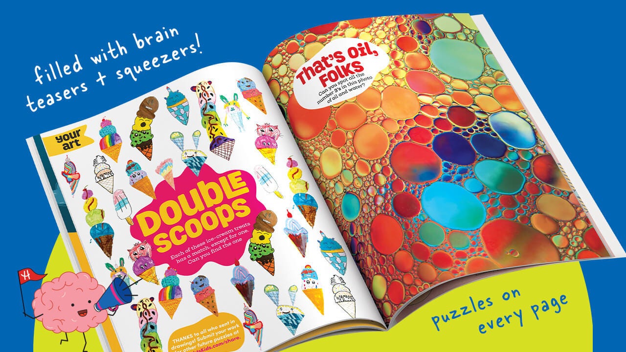 brainPLAY magazine open to show Double Scoops and That’s Oil Folks puzzles.