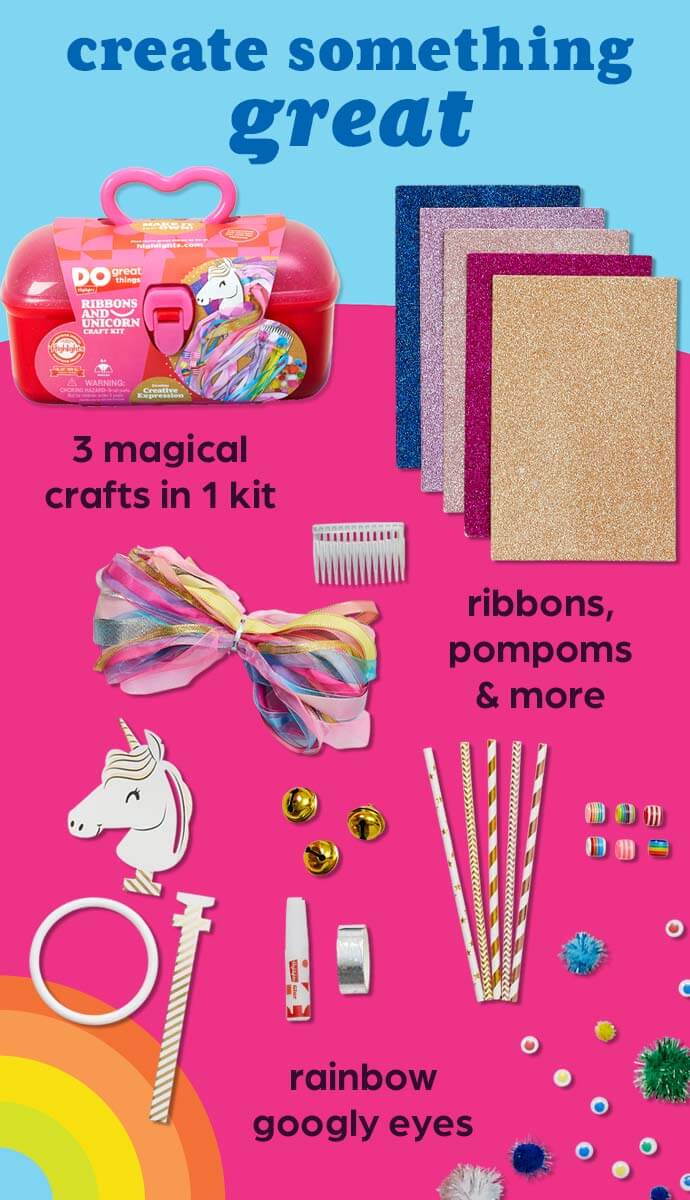 Highlights for Children Ribbons and Unicorn Craft Kit for Kids, 3 Crafts in 1, Create A Unicorn Wand, Ribbon Hoop, and Hair Comb, Includes Reusable