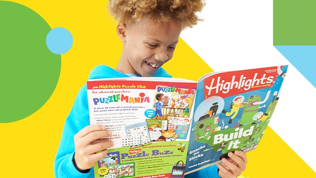 A child reading Highlights magazine.