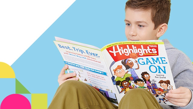 A child and grown-up reading Highlights magazine together.