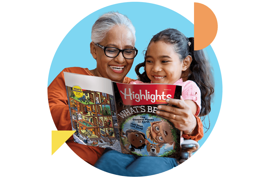 An adult and child reading Highlights magazine together.
