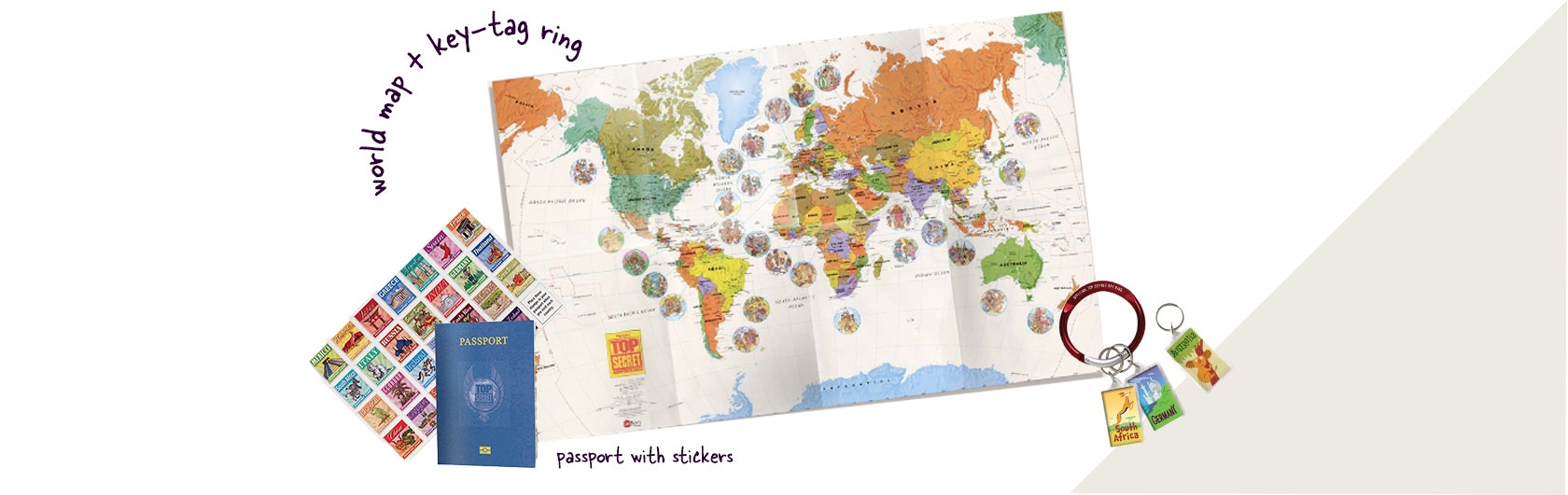 Get a free world map, passport with stickers and key-tag ring with your subscription! 
